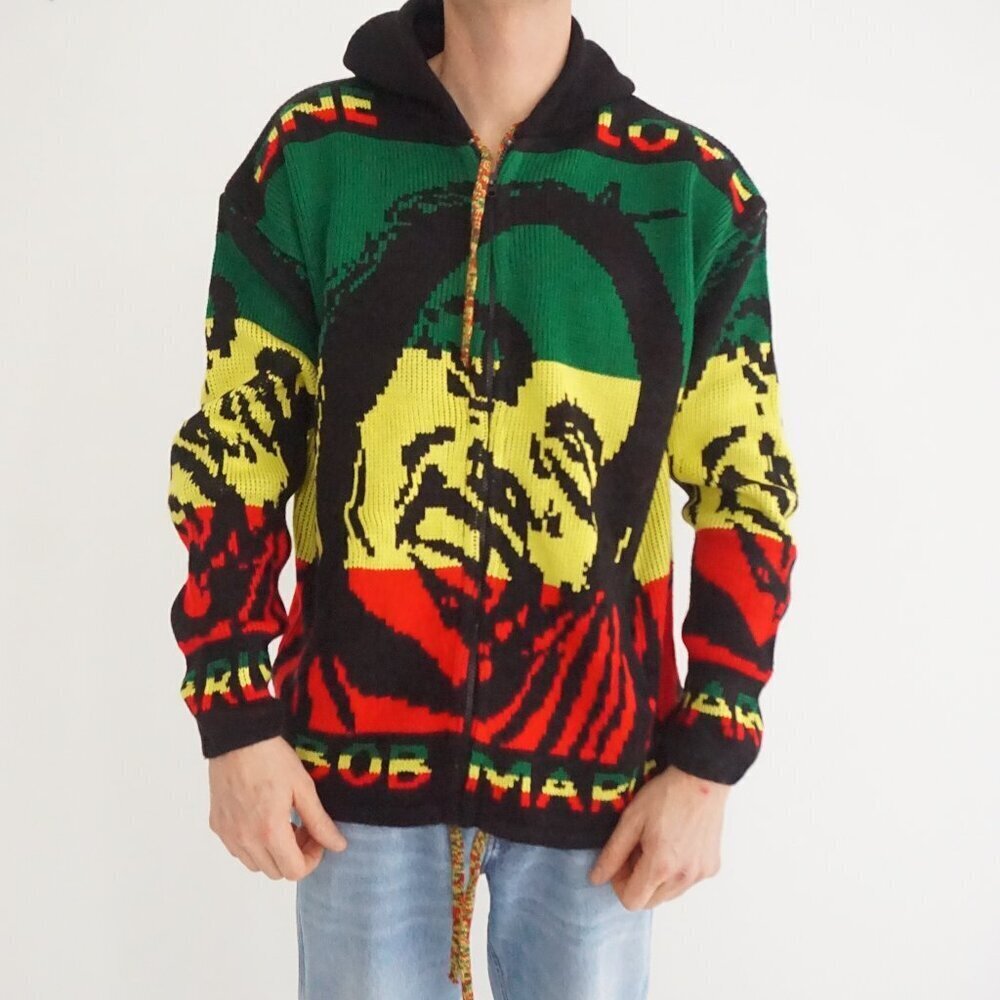 Vintage Bob Marley Knit Hoodie Sweater Rasta Graphic Reggae Streetwear Large